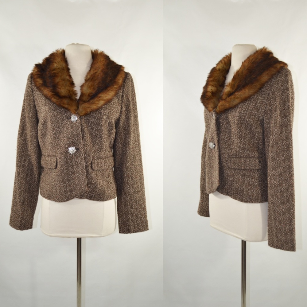 Black Rivet Brown Tweed Jacket, Faux Fur Collar